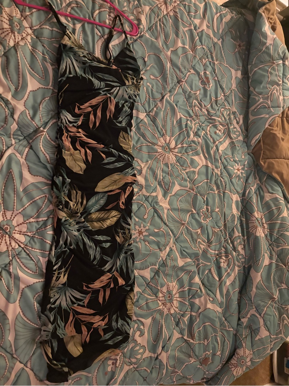 Tropical Leaf Print Maxi Dress - Black Base with Green & Coral Leaves